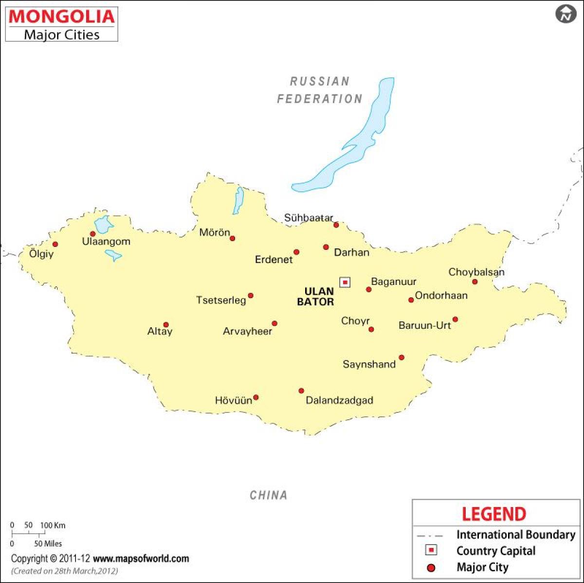 Mongoliet kort med byer